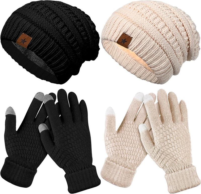 4 count Women Winter Glove and Hat Set Women Winter Hat Touchscreen Gloves Warm Knitted Beanie Hats and Gloves for Women