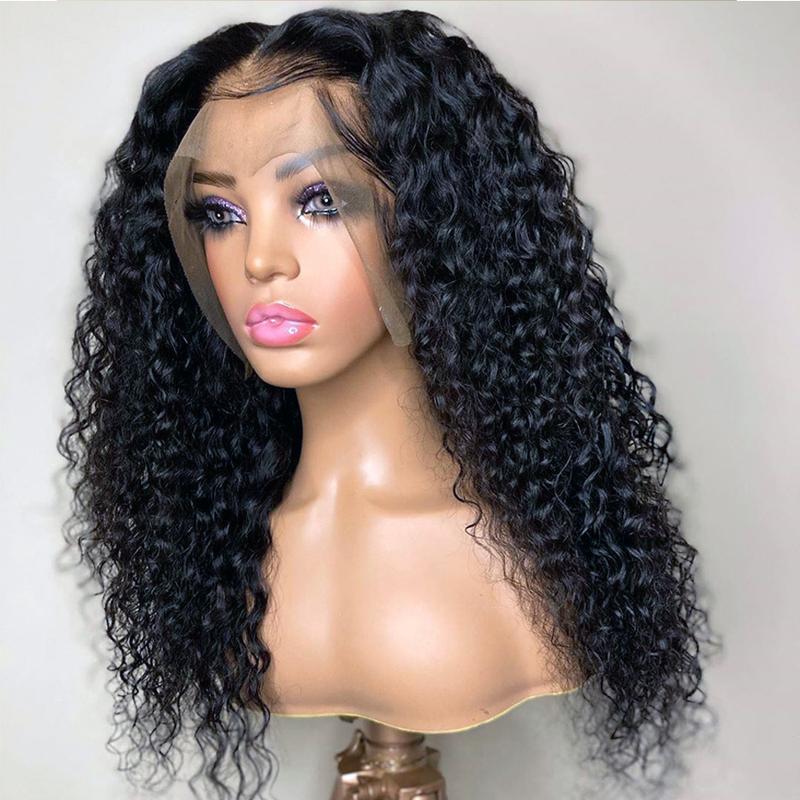 Soft Black Color 180%Density 26inches Long Kinky Curly 13*4*1 Deep Lace Front wig For Women With Baby Hair Heat Resistant Synthetic Fiber Hair Preplucked Glueless Daily Wear wigs