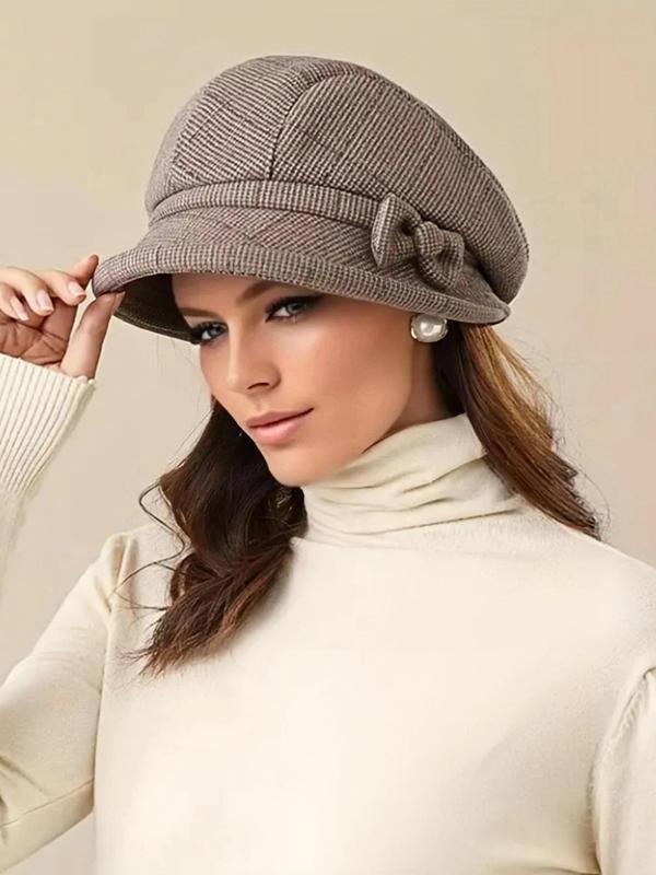 Women's Elegant Plaid Pattern Bow Decor Beret, Casual Trendy Hat for Fall & Winter, Fashion Accessories for Women & Girls