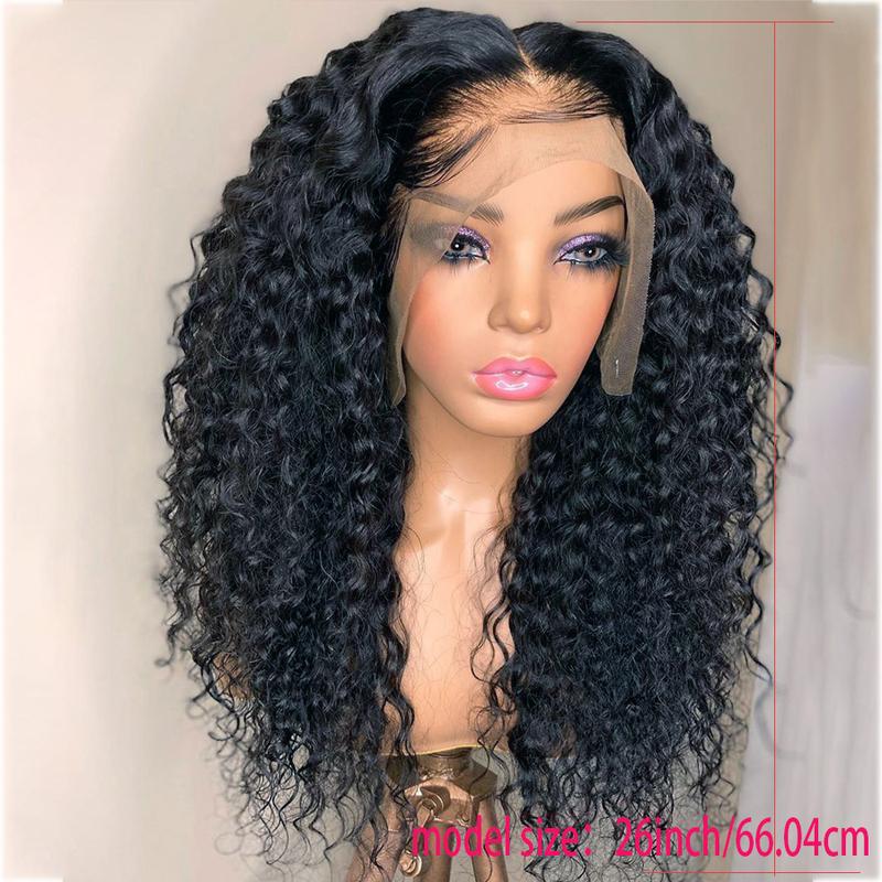 Soft Black Color 180%Density 26inches Long Kinky Curly 13*4*1 Deep Lace Front wig For Women With Baby Hair Heat Resistant Synthetic Fiber Hair Preplucked Glueless Daily Wear wigs