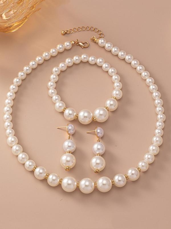 Faux Pearl Decorated Jewelry Set, Elegant Necklace & Bracelet & Dangle Earrings, Fashion Jewelry for Party, Trendy All-match & Exquisite Jewelry for Birthday Gift