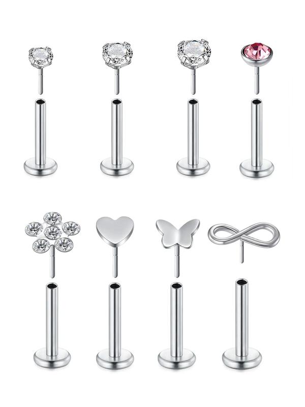 Rhinestone Nose Studs, Butterfly & Heart & Flowers Nose Ring, Unisex Stainless Steel Body Jewelry, Trendy & Exquisite Jewelry for Party, Daily Decor