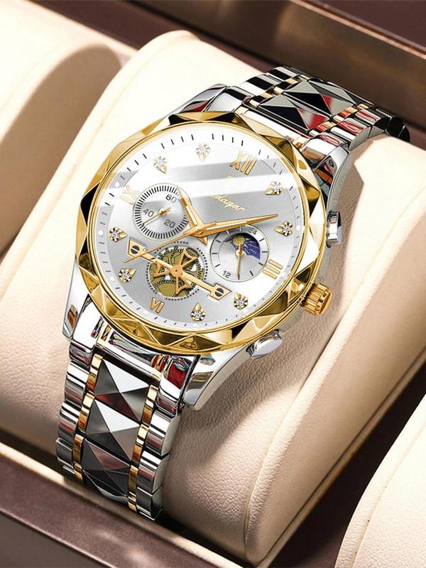 Men's Business Round Dial Stainless Steel Strap Quartz Watch with Box