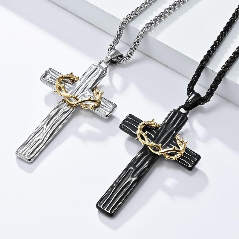 Retro titanium steel wreath cross necklace two-tone wood grain stainless steel prayer pendant literary cold jewelry Titanium Steel