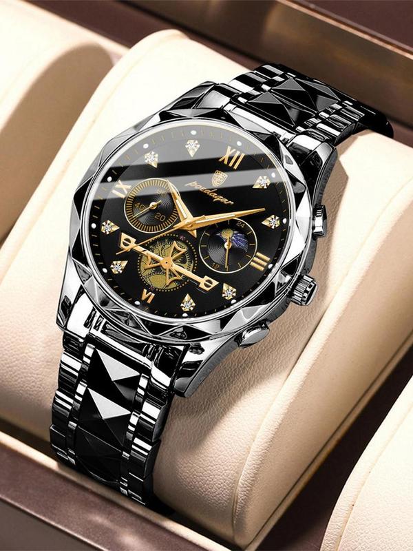 Men's Business Round Dial Stainless Steel Strap Quartz Watch with Box