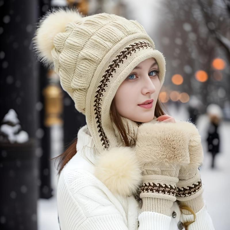 2pcs Elegant Gloves Beanie Set Winter Coldproof Earmuffs Hat Thick Knitted Hat Beanie Fashionable Knitted Fingerless Gloves Fashionable Cold Weather Accessories for Women Daily Use