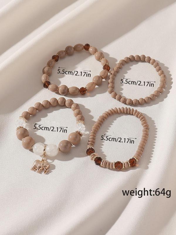 Casual Boho Style Elephant Charm Bracelet Bundles Kit, 4pcs set Stack Beaded Bracelet, Elegant Matching Jewelry for Girls, Female Classic Fashion Accessories for Daily Beach Vacation Wear