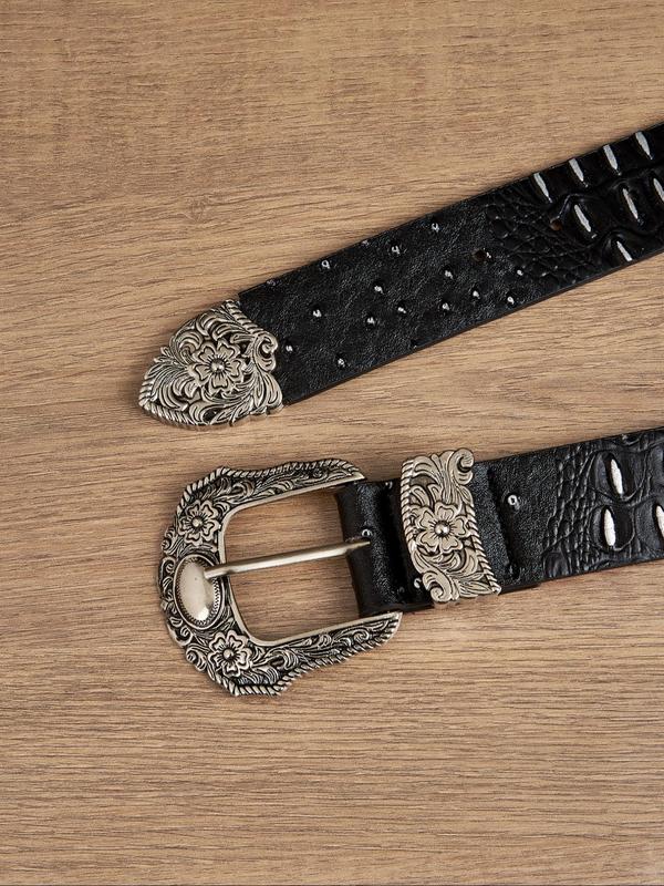 Women's Fashion Crocodile Embossed PU Buckle Belt, Western Style Design Belt, Casual Waistband for Jeans, Fashion Accessories for Daily Use