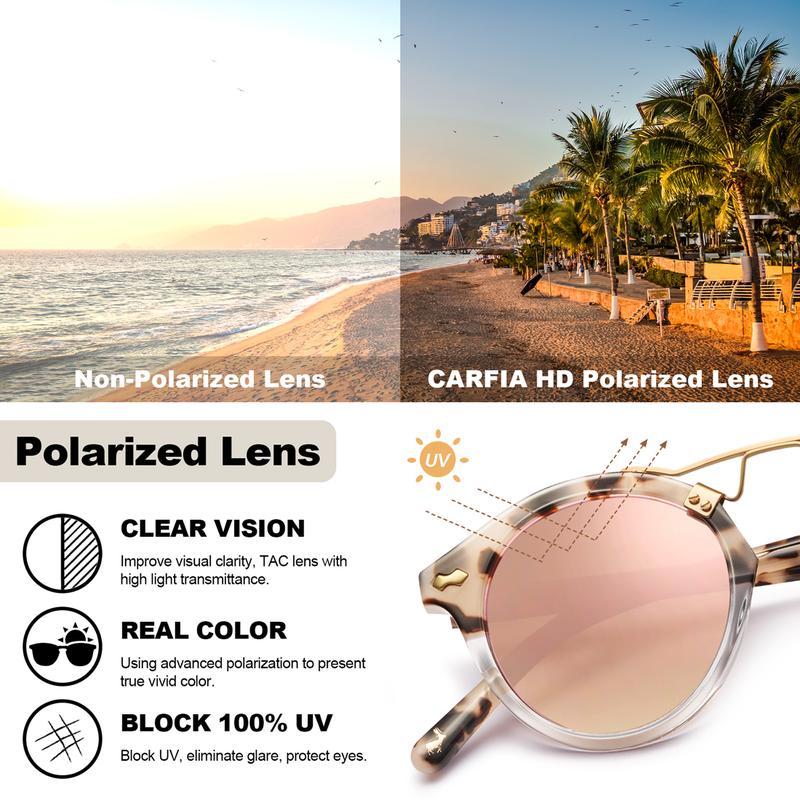 CARFIA Italy Small Polarized Sunglasses for Women UV Protection，Retro Women's Mirrored Pink Shades Driving Acetate Eyewear，Summer 2024 Beach Trends Sunnies