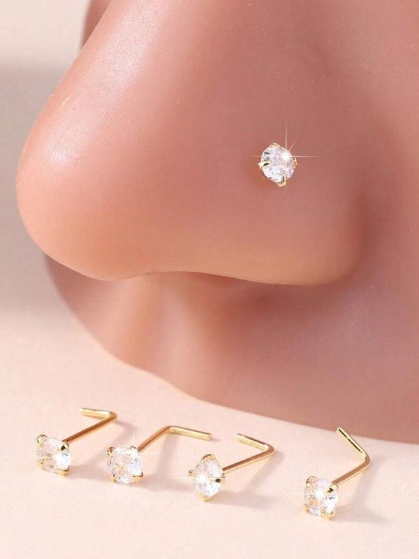 Rhinestone Decorated Nose Studs (5pcs), L-shaped Nose Ring for Women & Men, Fashion Jewelry for Party, Daily Clothing Decor, Birthday Gift