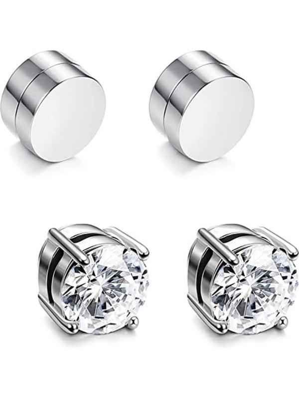 Round Rhinestone Decor Magnetic Stud Earrings Set, Stainless Steel Earrings for Men, Fake Earrings, Non-piercing Earrings for Men & Women