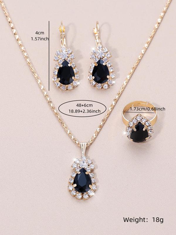 Minimalist Elegant Rhinestone Decorated Jewelry Set, 4pcs set Temperament Water Drop Design Jewelry Set Including Pendant Necklace, Stud Earrings, Ring, Fashion Accessories for Women