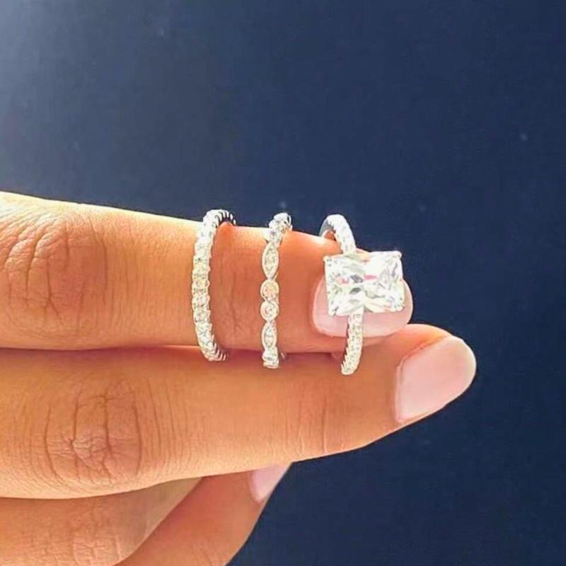 Fashionable Elegant Three-Piece Square Ring Set for Women, Used as Wedding Ring, Engagement Ring, Jewelry Gift for Girlfriend