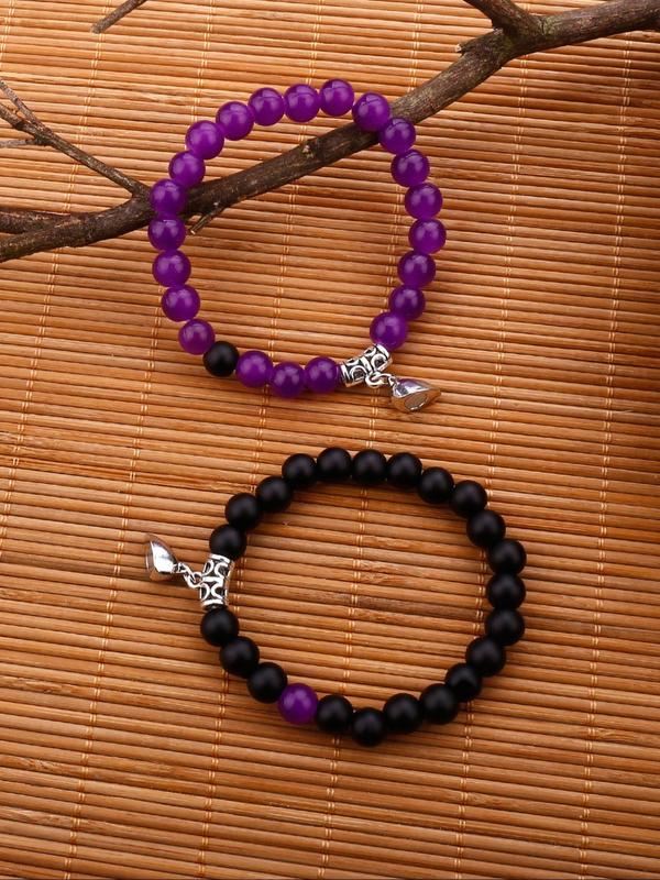 2pcs set Fashion Magnet Heart Charm Beaded Couple Bracelets for Boyfriend and Girlfriend, Colorblock Casual Matching Bracelets Kit for Women & Men, Jewelry for Daily Decoration