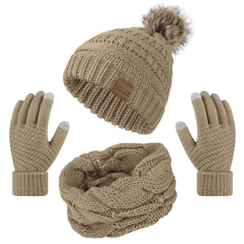 3 Pcs Women Winter Hat and Gloves Sets, Beanies Knit Classic Neck Warmer and Touchscreen Gloves Beige