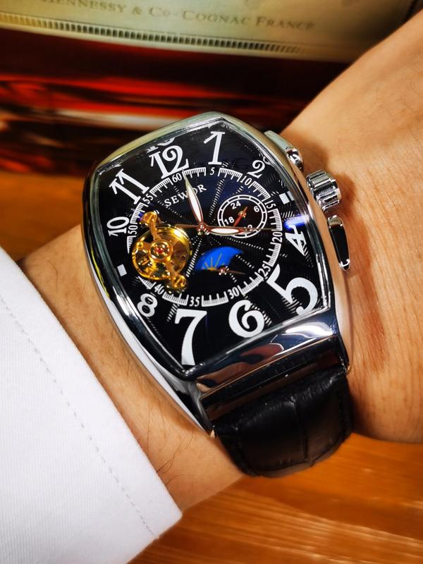 Men's Luxury Automatic Mechanical Watch, Luminous PU Leather Strap Fashion Watches, Two Buttons Only Decoration Not Work