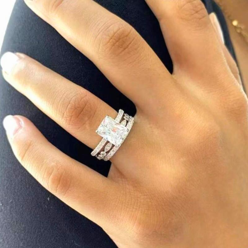 Fashionable Elegant Three-Piece Square Ring Set for Women, Used as Wedding Ring, Engagement Ring, Jewelry Gift for Girlfriend