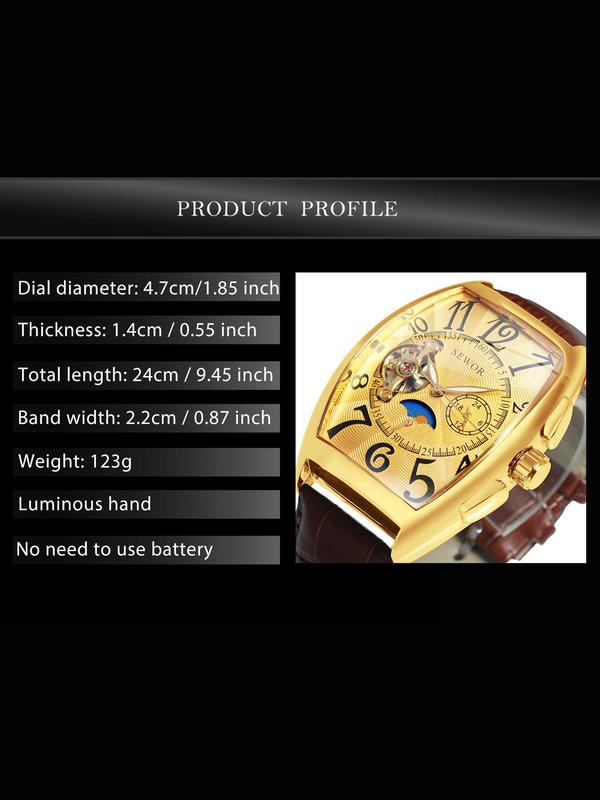 Men's Luxury Automatic Mechanical Watch, Luminous PU Leather Strap Fashion Watches, Two Buttons Only Decoration Not Work