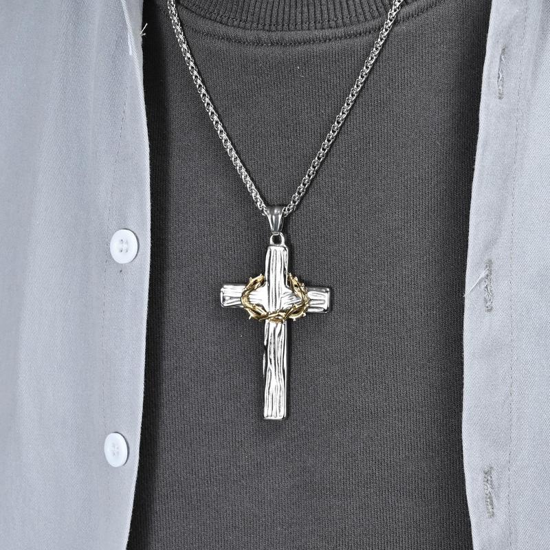 Retro titanium steel wreath cross necklace two-tone wood grain stainless steel prayer pendant literary cold jewelry Titanium Steel