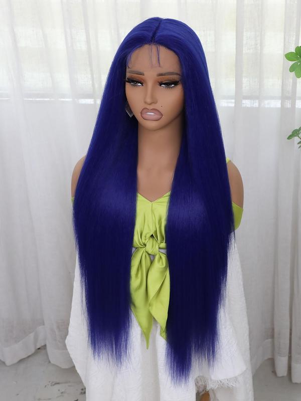 Long Straight Blue Synthetic Lace Front Wigs with Net Cap, Glueless Wigs, Gorgeous Fluffy Wigs Without Bangs, Synthetic Wigs for Party, Daily Use