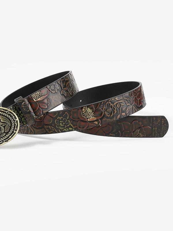 Fashion Floral Embossed PU Buckle Belt, Boho Style Decorative Cowboy Belt for Women, Fashion Accessories for Beach Vacation Holiday