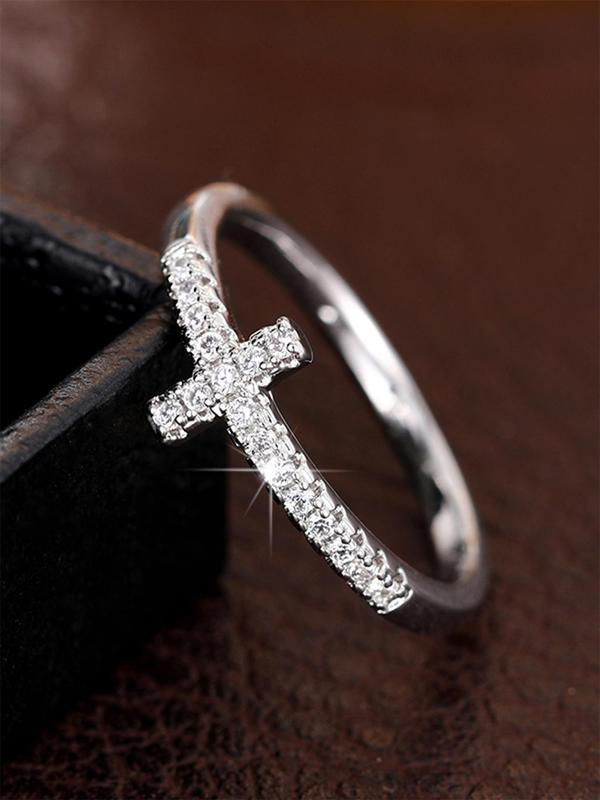 Women's Elegant Rhinestone Decor Cross Design Promise Wedding Ring for Gift, Trendy Exquisite Engagement Ring, Chic Luxury Jewelry As Gift for Girlfriend