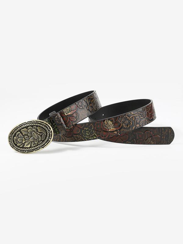 Fashion Floral Embossed PU Buckle Belt, Boho Style Decorative Cowboy Belt for Women, Fashion Accessories for Beach Vacation Holiday