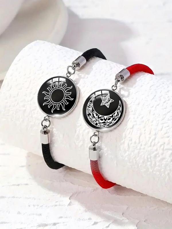 Luminous Sun & Moon Star Decor Bracelets with Rose Gift Box, Fashion Braided Design Bracelets for Women & Men, Trendy All-match & Exquisite Jewelry for Birthday Gift