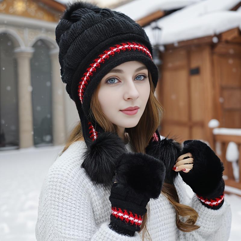 2pcs Elegant Gloves Beanie Set Winter Coldproof Earmuffs Hat Thick Knitted Hat Beanie Fashionable Knitted Fingerless Gloves Fashionable Cold Weather Accessories for Women Daily Use