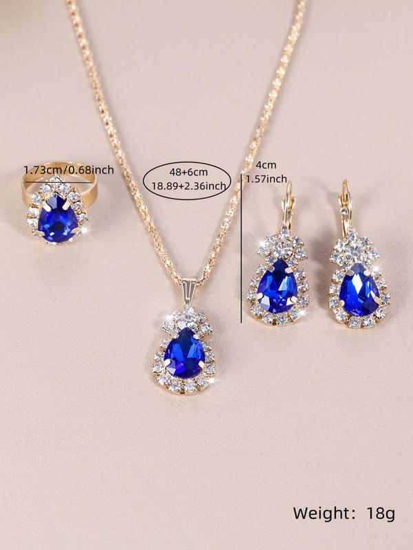 Minimalist Elegant Rhinestone Decorated Jewelry Set, 4pcs set Temperament Water Drop Design Jewelry Set Including Pendant Necklace, Stud Earrings, Ring, Fashion Accessories for Women