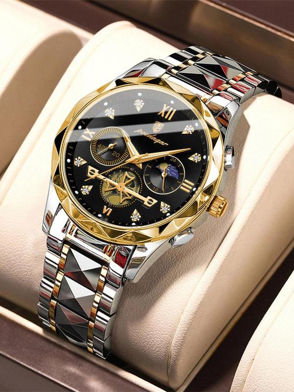 Men's Business Round Dial Stainless Steel Strap Quartz Watch with Box