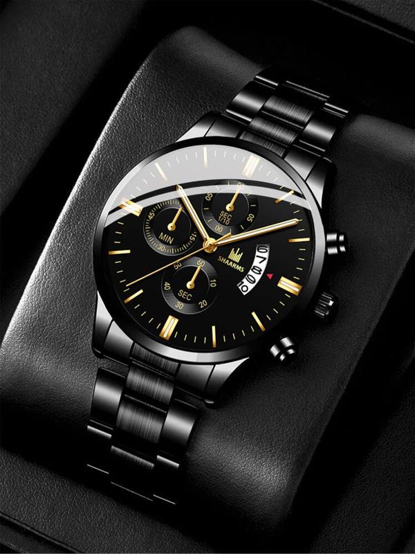 Men's Business Round Dial Quartz Watch & Drawstring Bracelet Bundles, Wristwatch & Street Trend Bracelet, Chic Watch Set As Gift without Box