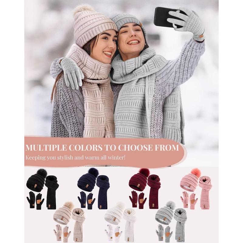 Womens Winter Beanie Scarf Gloves Set, Pom Pom Hat with Warm Fleece Lined Long Knit Scarf Touchscreen Gloves for Cold Weather