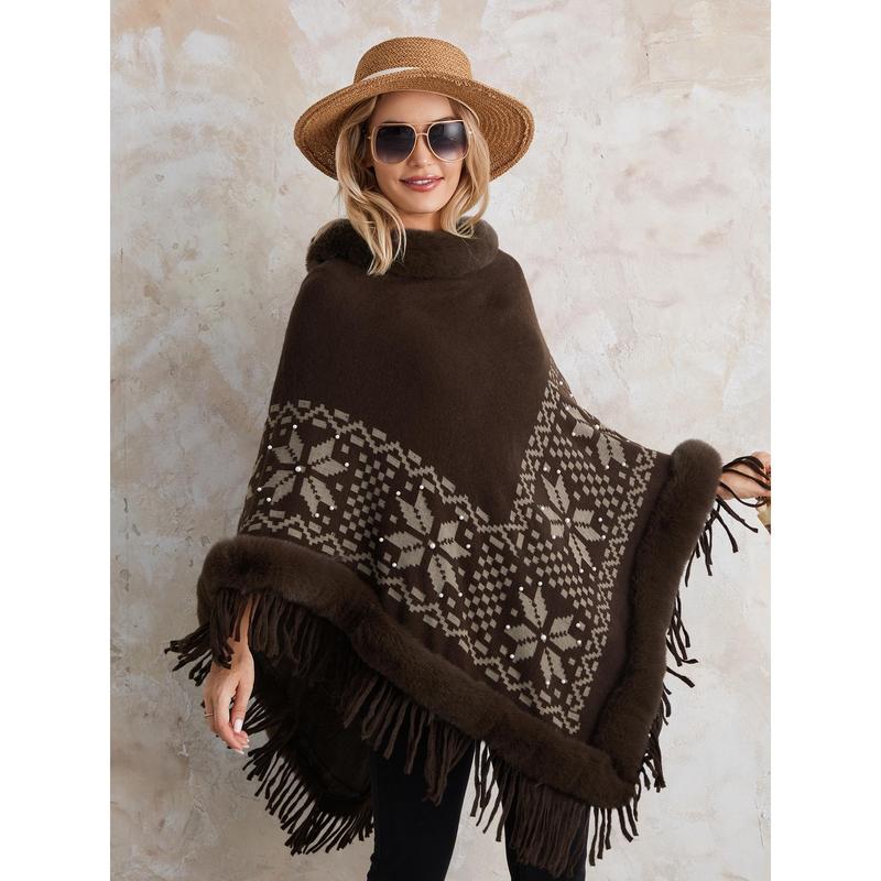 Women's Autumn Winter Poncho Sweater Plush Collar Boho Tassel Cape Knitwear Tops