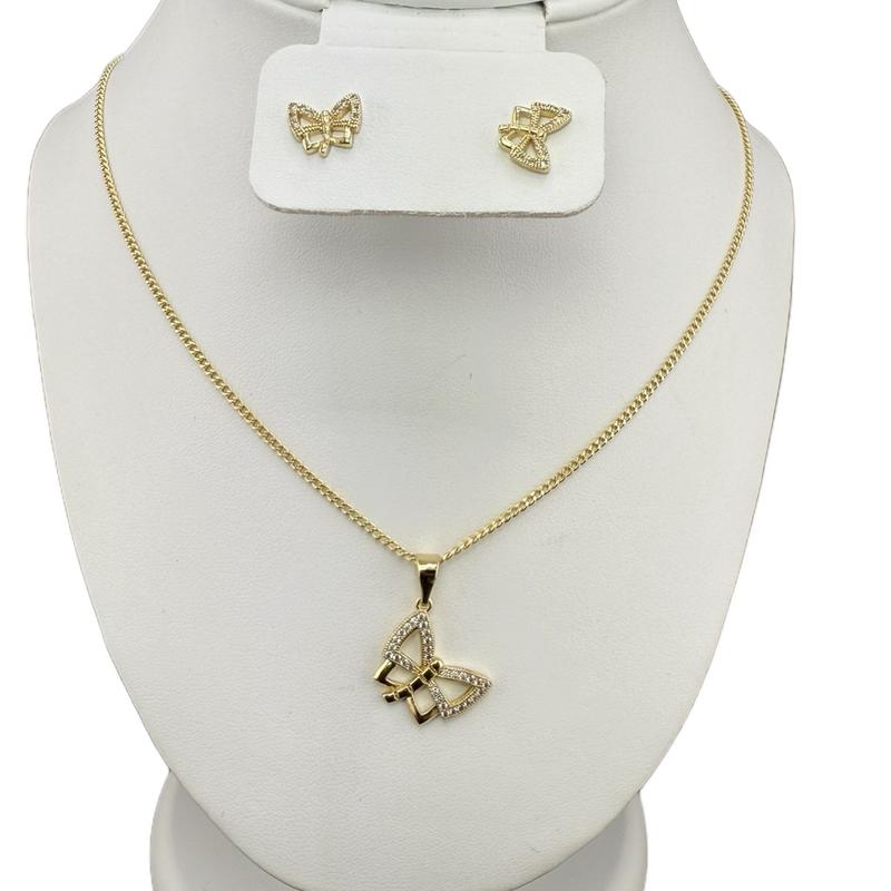 Butterfly Set Earring and Pendant with Cuban Chain for Women 18 inches