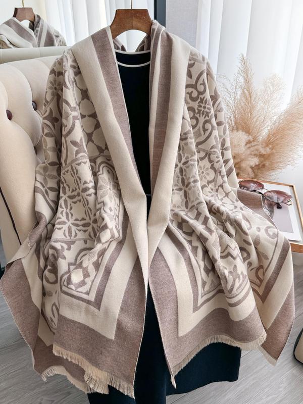 Women's Geometric Print Tassel Decor Shawl, Casual Soft Warm Long Scarf for Fall & Winter, Fashion Accessories for Daily Wear