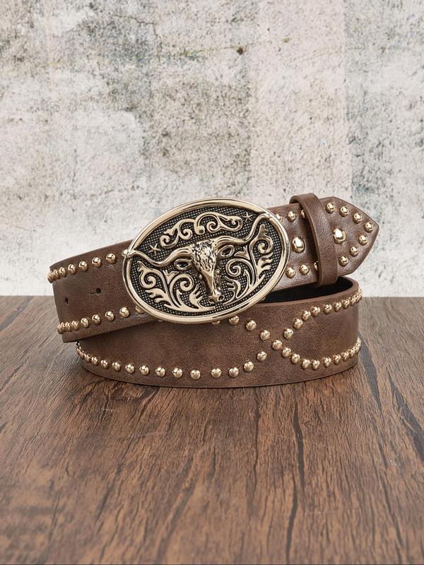 Women's Vintage Cow Head Decorated Rivet Design Western Belt, Fashion Belt for Party, Daily Clothing Decor, Trendy All-match & Exquisite Belt for Birthday Gift