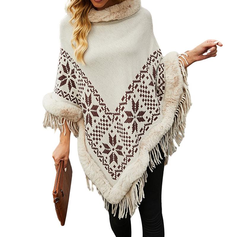 Women's Autumn Winter Poncho Sweater Plush Collar Boho Tassel Cape Knitwear Tops