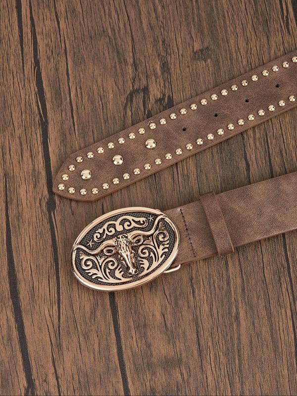 Women's Vintage Cow Head Decorated Rivet Design Western Belt, Fashion Belt for Party, Daily Clothing Decor, Trendy All-match & Exquisite Belt for Birthday Gift