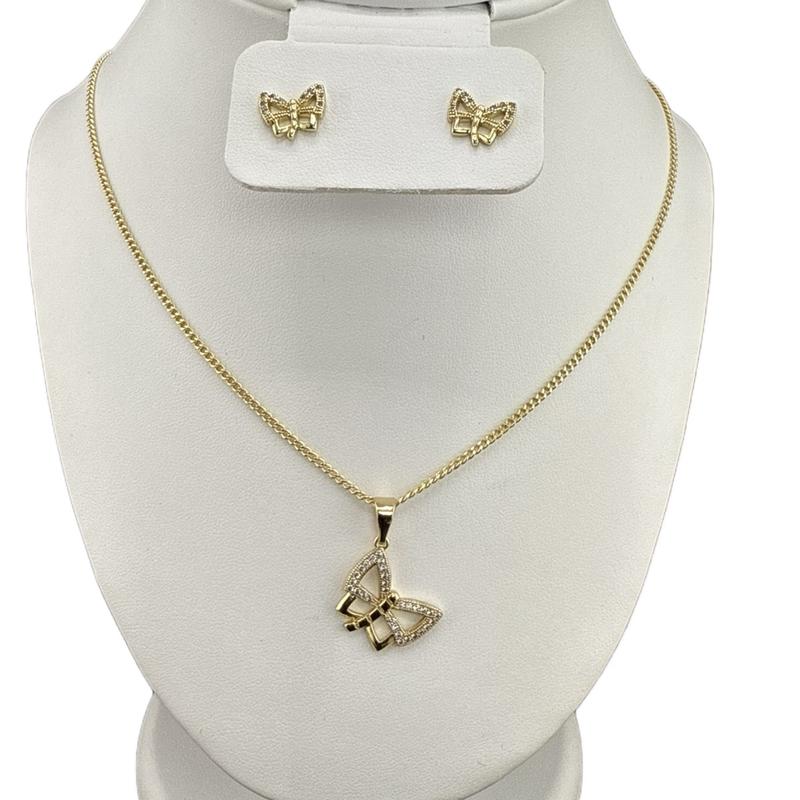 Butterfly Set Earring and Pendant with Cuban Chain for Women 18 inches