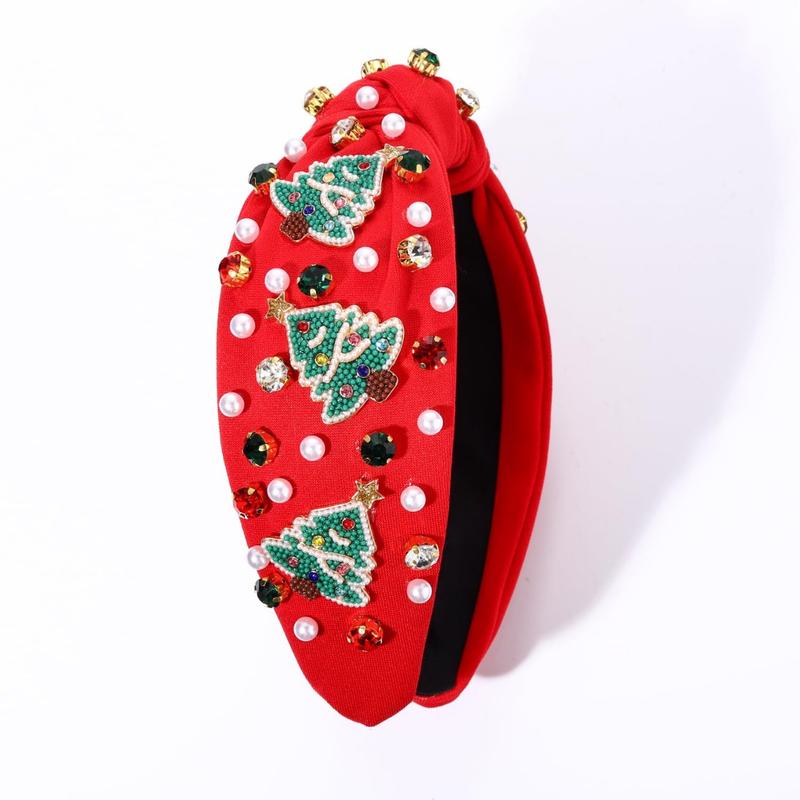 Christmas Headband for Women Holiday Christmas Accessories Beaded  Bow Tree Snowflake HOHOHO Knotted Headband Red Green Crystal Pearl Top Knot Headband Festive Holiday Gifts (Xmas Tree 3)