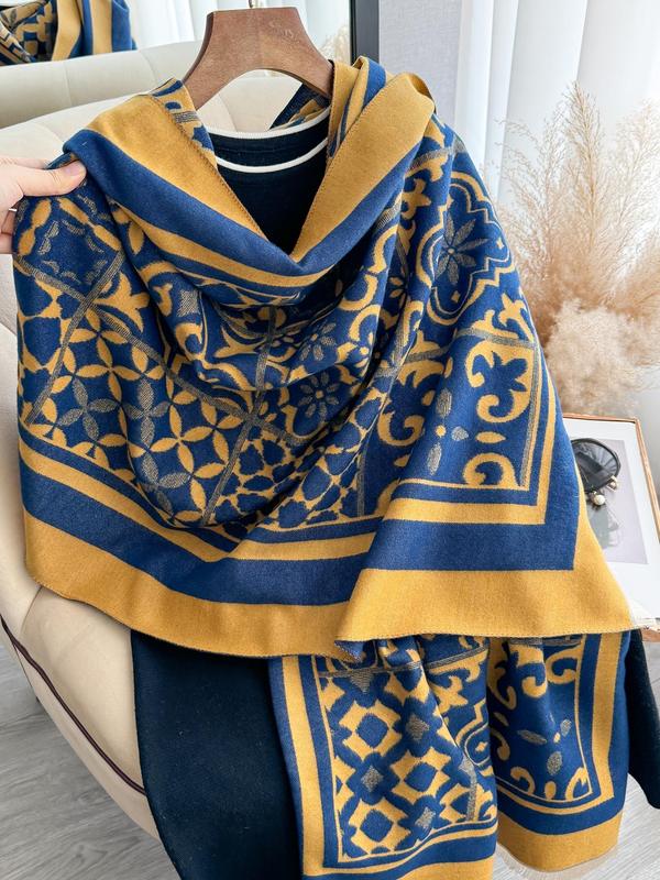 Women's Geometric Print Tassel Decor Shawl, Casual Soft Warm Long Scarf for Fall & Winter, Fashion Accessories for Daily Wear