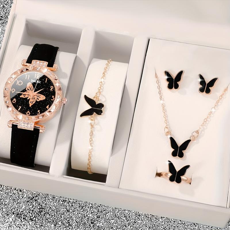 6-Piece Set Fashion Butterfly Quartz Watch with Jewelry Suit-Elegant Rhinestone, Imitation Leather Strap-Christmas, Valentine's Day Perfect Gift for Women,letter necklace