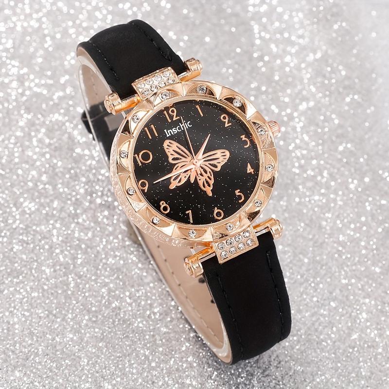 6-Piece Set Fashion Butterfly Quartz Watch with Jewelry Suit-Elegant Rhinestone, Imitation Leather Strap-Christmas, Valentine's Day Perfect Gift for Women,letter necklace