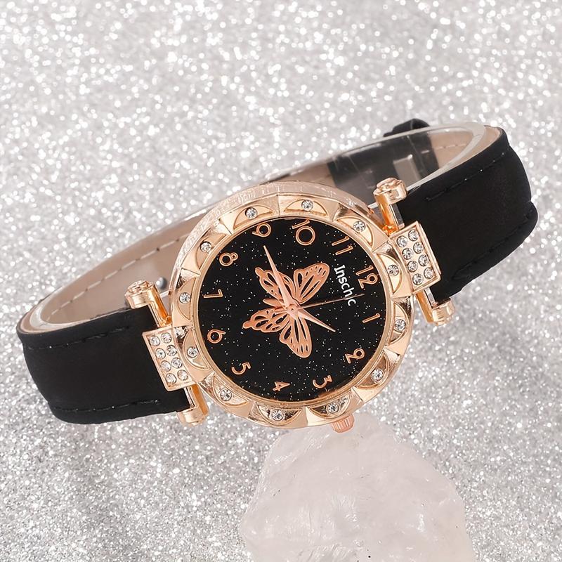 6-Piece Set Fashion Butterfly Quartz Watch with Jewelry Suit-Elegant Rhinestone, Imitation Leather Strap-Christmas, Valentine's Day Perfect Gift for Women,letter necklace