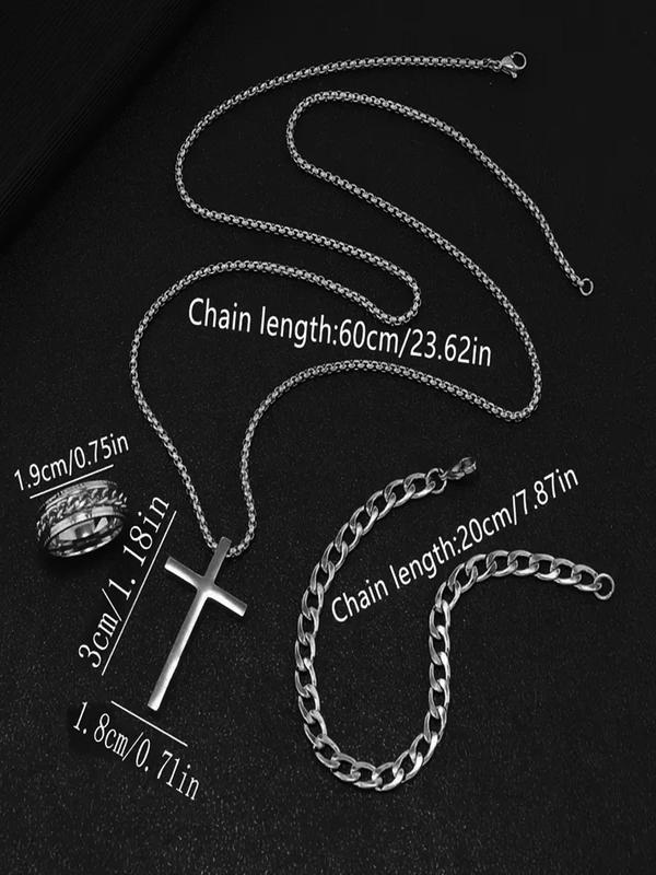 Men's Business Fashion Round Dial Analog Quartz Watch & Cuban Chain Bracelet & Cross Pendant Necklace & Ring, Fashion Watch Set for Party, Daily Decor, Exquisite Watch Set for Gift