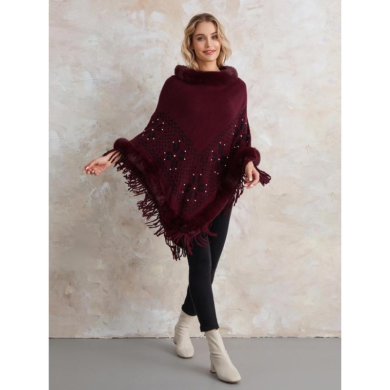 Women's Autumn Winter Poncho Sweater Plush Collar Boho Tassel Cape Knitwear Tops