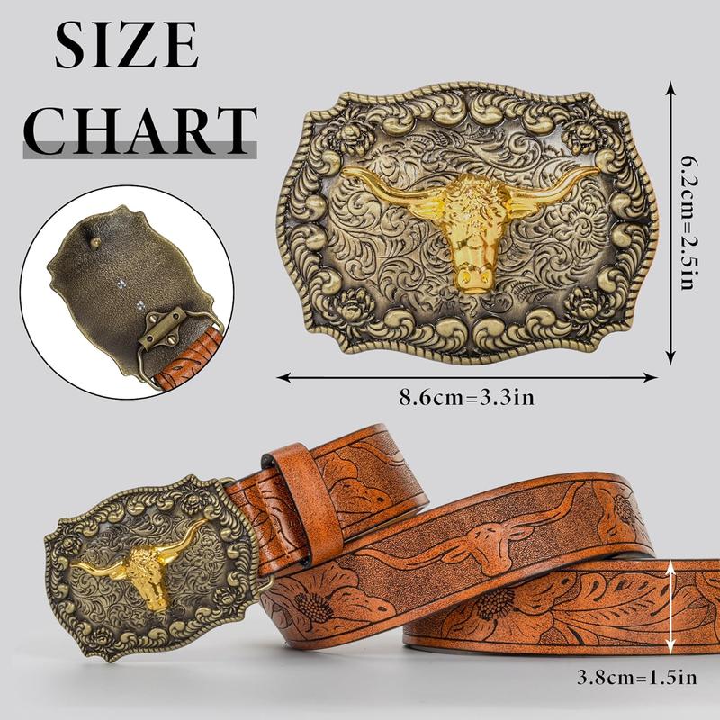 Western PU-Leather Cowboy Buckle Belt for Men and Women Jeans Engraved Floral Longhorn Bull Buckle Belt (27-40" waist)