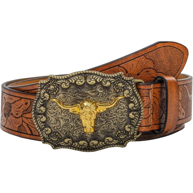 Western PU-Leather Cowboy Buckle Belt for Men and Women Jeans Engraved Floral Longhorn Bull Buckle Belt (27-40" waist)