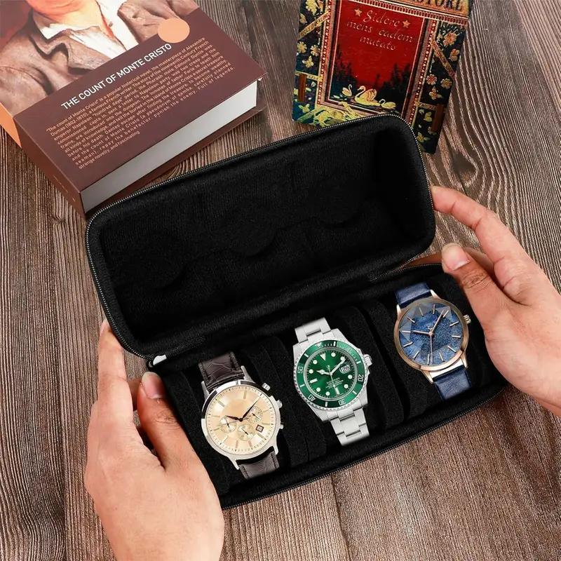 Watch Travel Case, 1 Count 3 5 Slots Watch Storage Organizer Box, Hardshell Watch Travel Case with Soft Foam Pillow & Handle for Men & Women's Watches